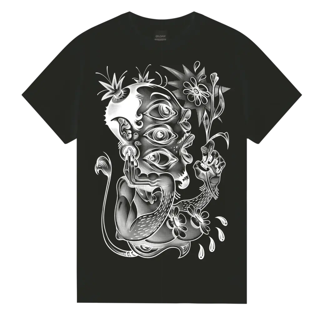 [5040] "Flower Child" Short Sleeve T-See (Black, Small, White)